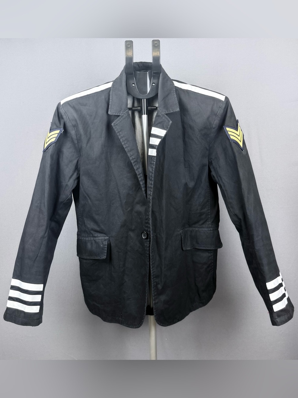 GREATEST Men’s XL Military Style Blazer Jacket Black White Stripes Chevron Patch